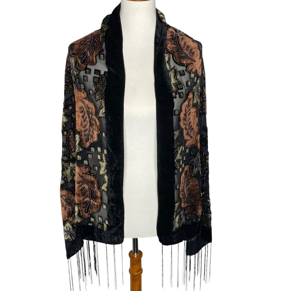Velvet Burnout Floral Shawl Scarf Black Copper Fringe Wrap Boho Whimsigoth Fairy